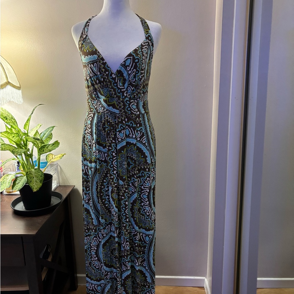 New York & Company Blue Black Maxi Dress Halter Neckline Size S
